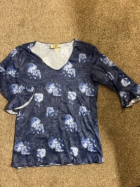 Navy Floral V-Neck Blouse with Blue Roses